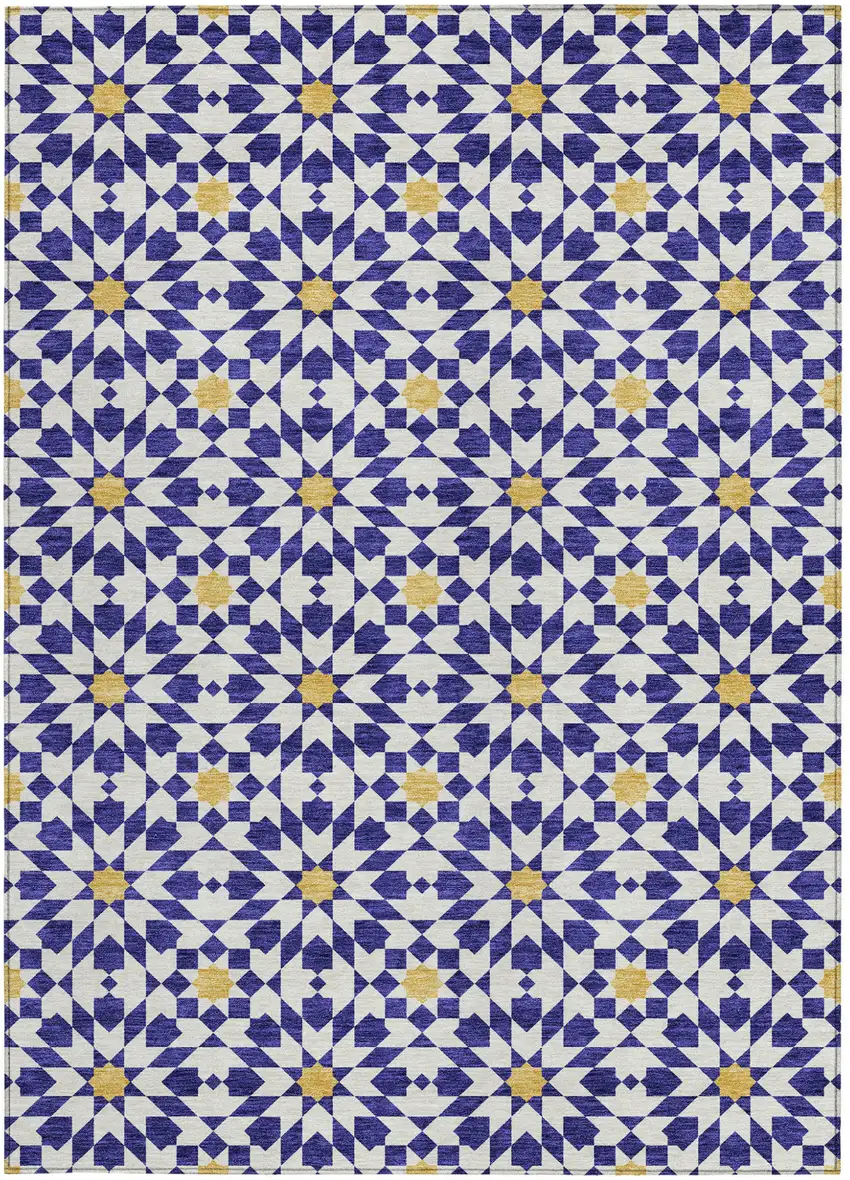 Navy Blue And Ivory Floral Medallion Washable Indoor Outdoor Area Rug Photo 6