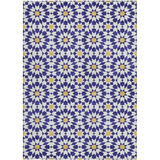 Navy Blue And Ivory Floral Medallion Washable Indoor Outdoor Area Rug Photo 6