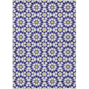 Photo of Navy Blue And Ivory Floral Medallion Washable Indoor Outdoor Area Rug