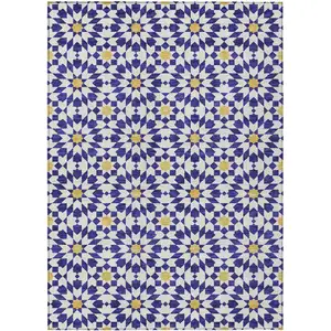 Photo of Navy Blue And Ivory Floral Medallion Washable Indoor Outdoor Area Rug