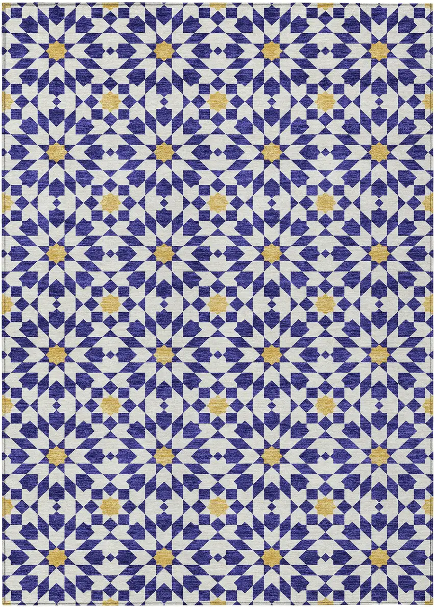 Navy Blue And Ivory Floral Medallion Washable Indoor Outdoor Area Rug Photo 1