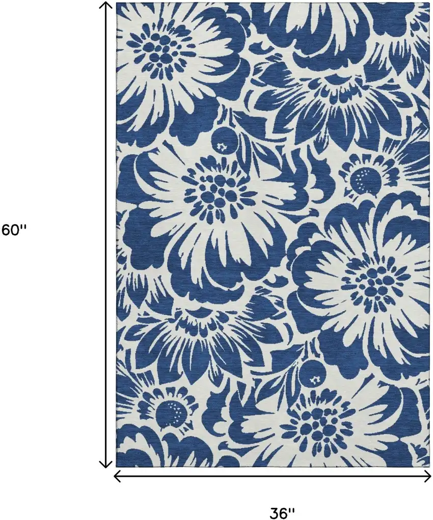 Navy Blue And Ivory Floral Washable Area Rug With UV Protection Photo 7