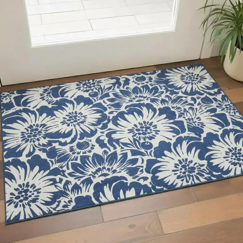 Navy Blue And Ivory Floral Washable Area Rug With UV Protection Photo 1
