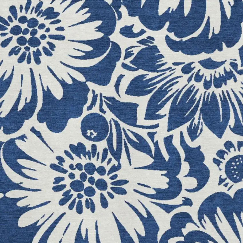 Navy Blue And Ivory Floral Washable Area Rug With UV Protection Photo 3