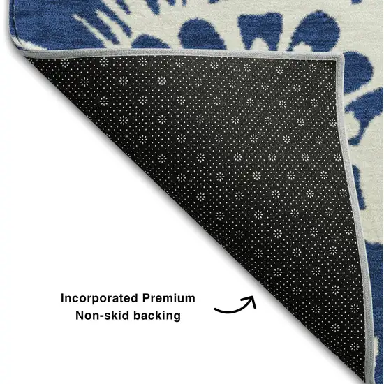 Navy Blue And Ivory Floral Washable Area Rug With UV Protection Photo 8