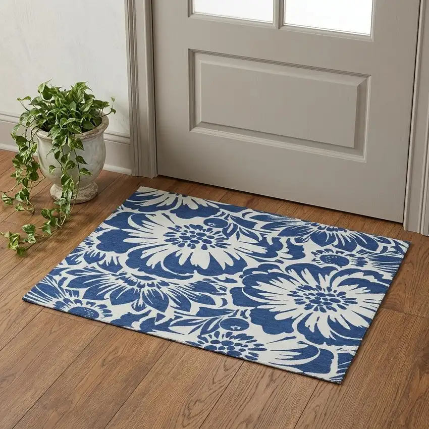 Navy Blue And Ivory Floral Washable Area Rug With UV Protection Photo 1