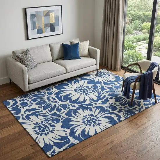 Navy Blue And Ivory Floral Washable Area Rug With UV Protection Photo 1