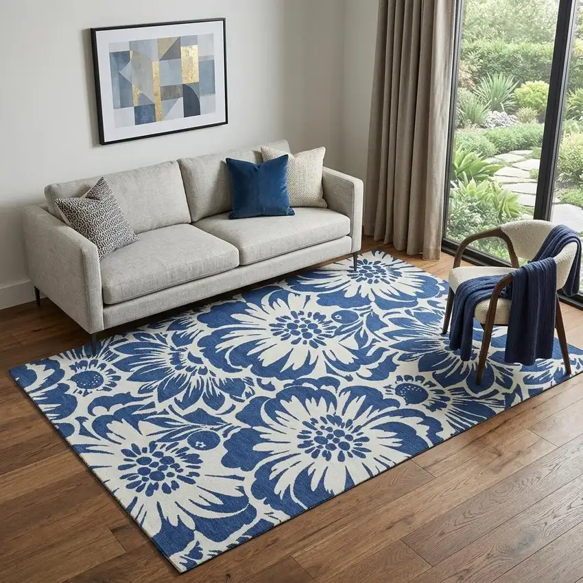 Navy Blue And Ivory Floral Washable Area Rug With UV Protection Photo 1