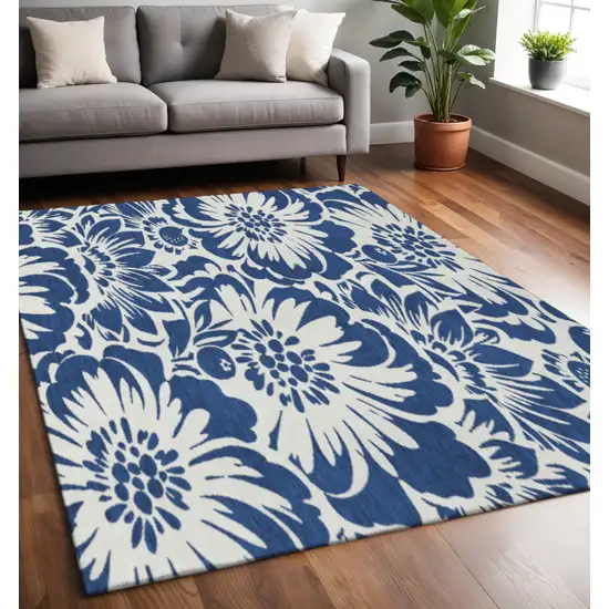 Navy Blue And Ivory Floral Washable Area Rug With UV Protection Photo 2