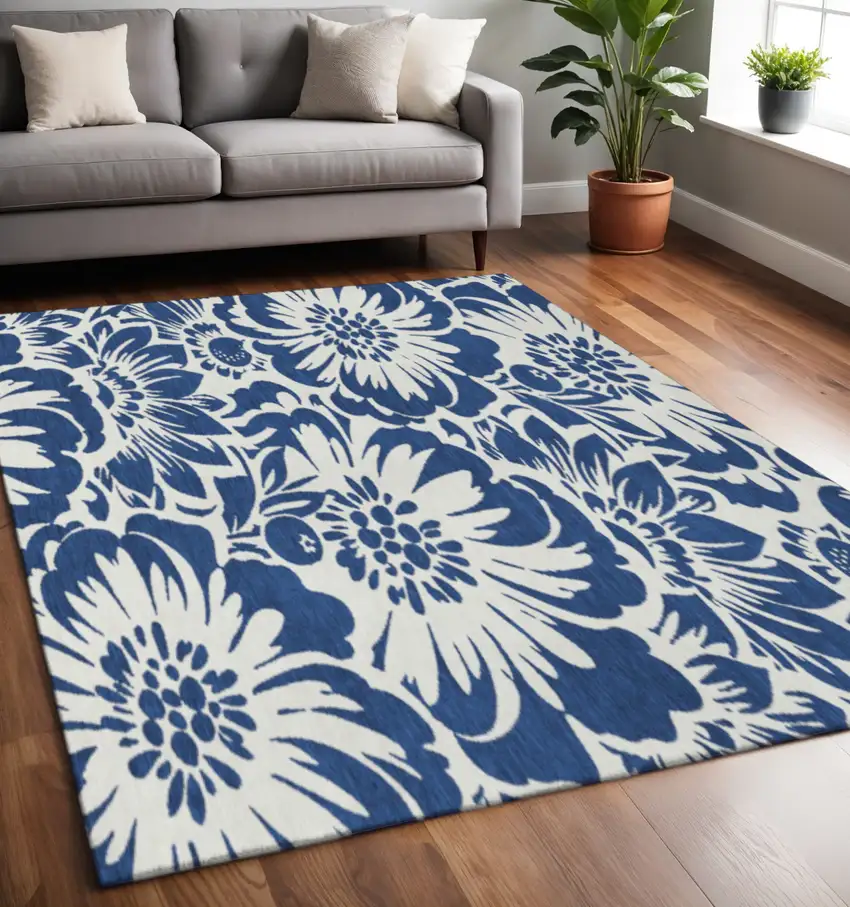 Navy Blue And Ivory Floral Washable Area Rug With UV Protection Photo 2