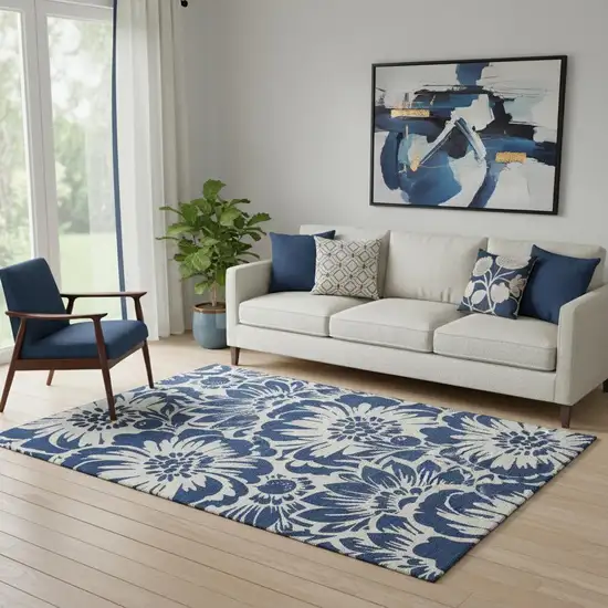 Navy Blue And Ivory Floral Washable Area Rug With UV Protection Photo 1
