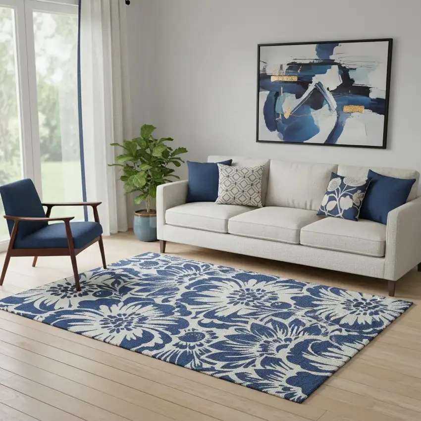 Navy Blue And Ivory Floral Washable Area Rug With UV Protection Photo 1