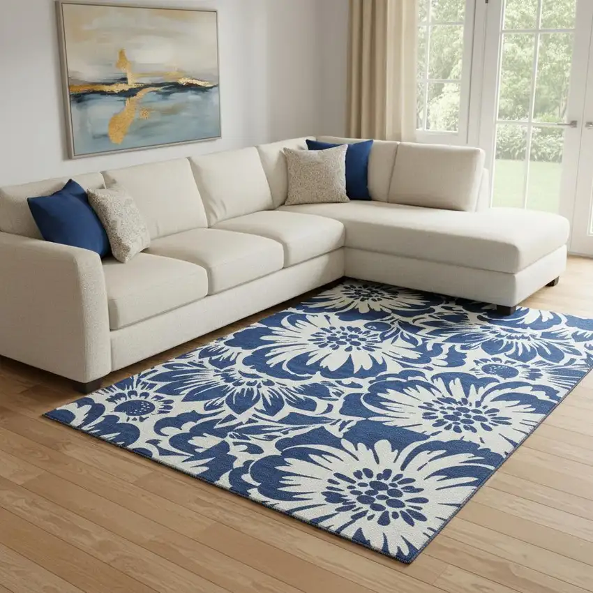 Navy Blue And Ivory Floral Washable Area Rug With UV Protection Photo 1