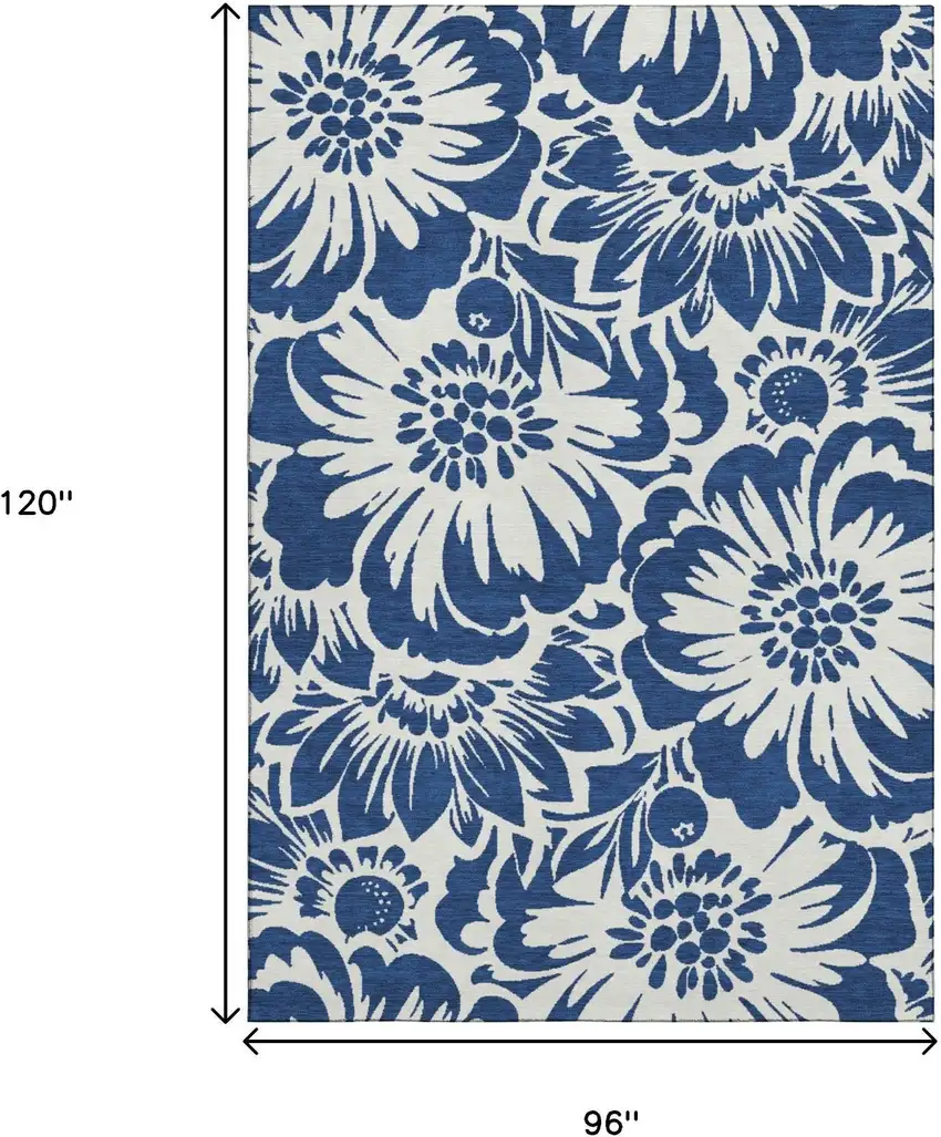 Navy Blue And Ivory Floral Washable Area Rug With UV Protection Photo 9