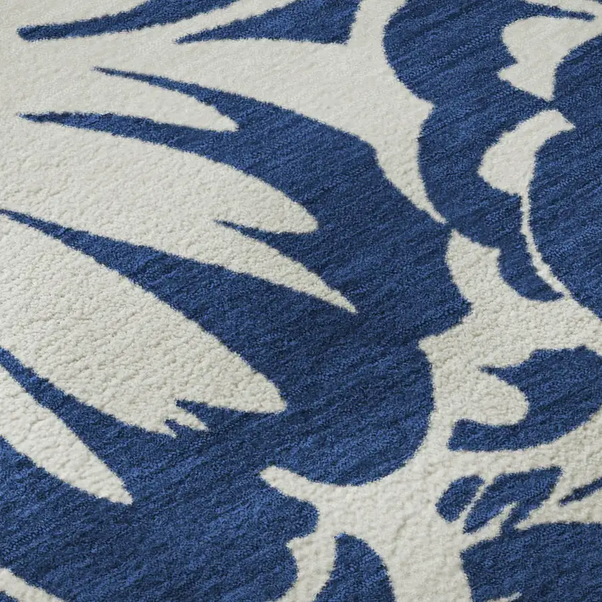 Navy Blue And Ivory Floral Washable Area Rug With UV Protection Photo 3