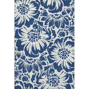 Photo of Navy Blue And Ivory Floral Washable Area Rug With UV Protection