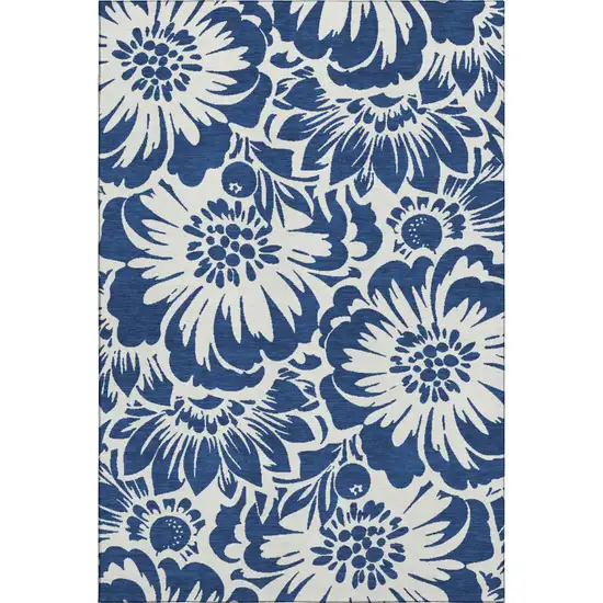 Navy Blue And Ivory Floral Washable Area Rug With UV Protection Photo 1