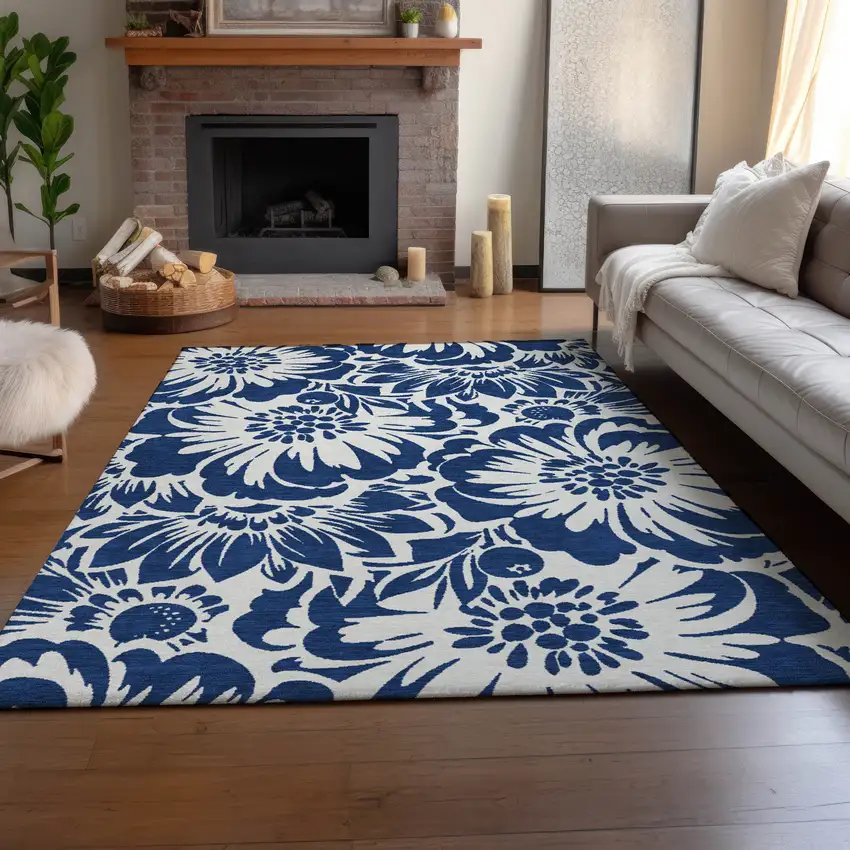 Navy Blue And Ivory Floral Washable Area Rug With UV Protection Photo 5