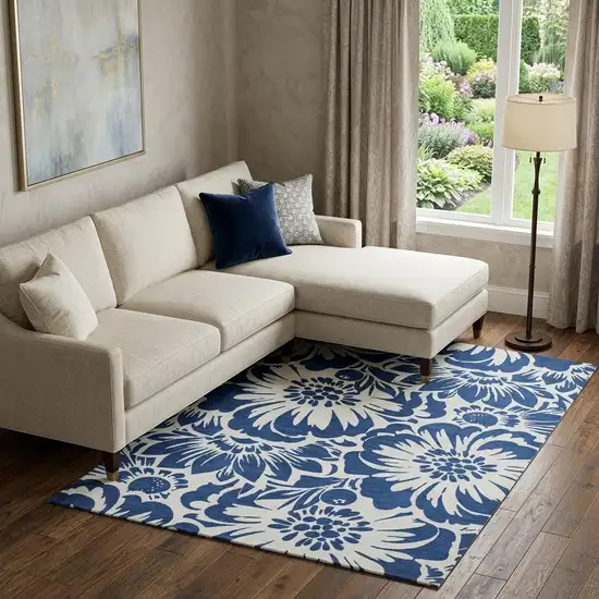Navy Blue And Ivory Floral Washable Area Rug With UV Protection Photo 1