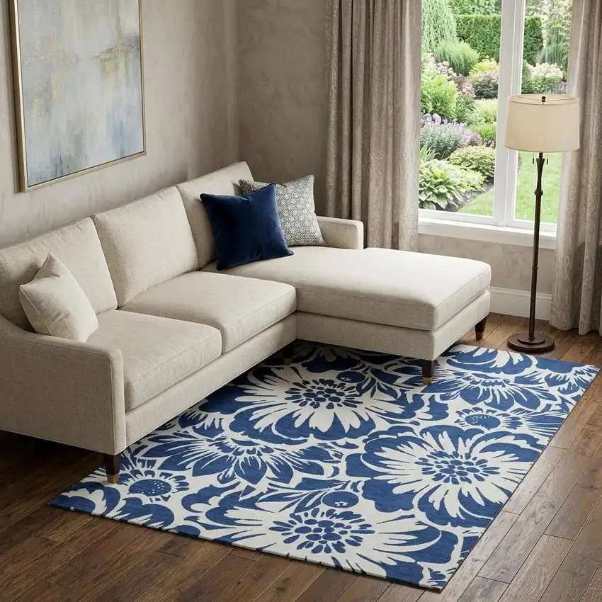 Navy Blue And Ivory Floral Washable Area Rug With UV Protection Photo 1