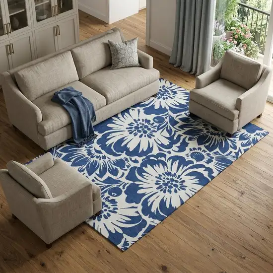 Navy Blue And Ivory Floral Washable Area Rug With UV Protection Photo 1