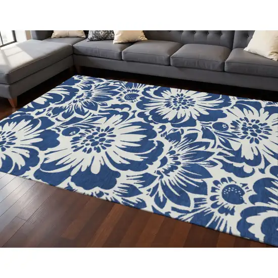 Navy Blue And Ivory Floral Washable Area Rug With UV Protection Photo 2