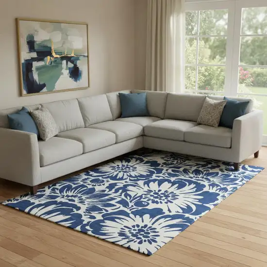 Navy Blue And Ivory Floral Washable Area Rug With UV Protection Photo 1