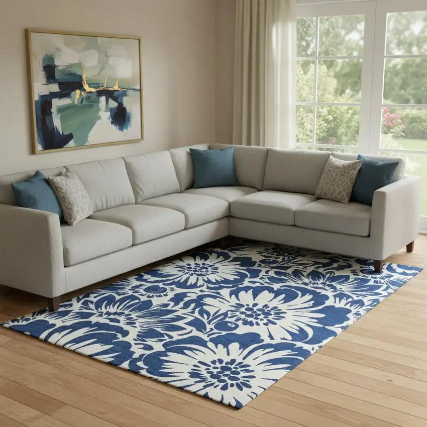 Navy Blue And Ivory Floral Washable Area Rug With UV Protection Photo 1