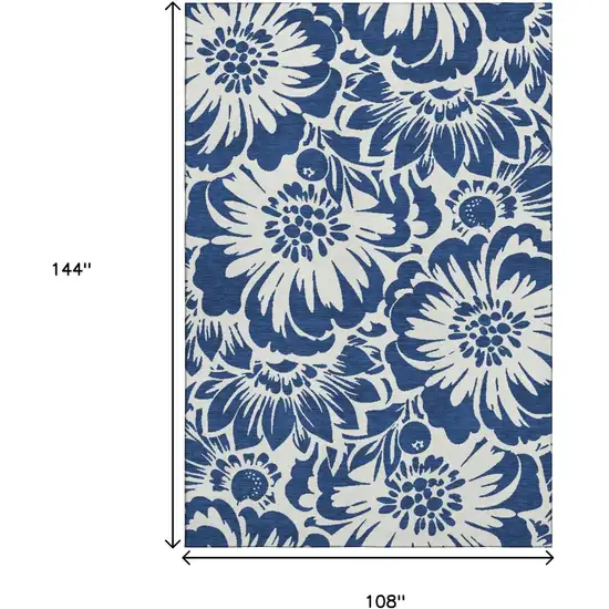 Navy Blue And Ivory Floral Washable Area Rug With UV Protection Photo 9