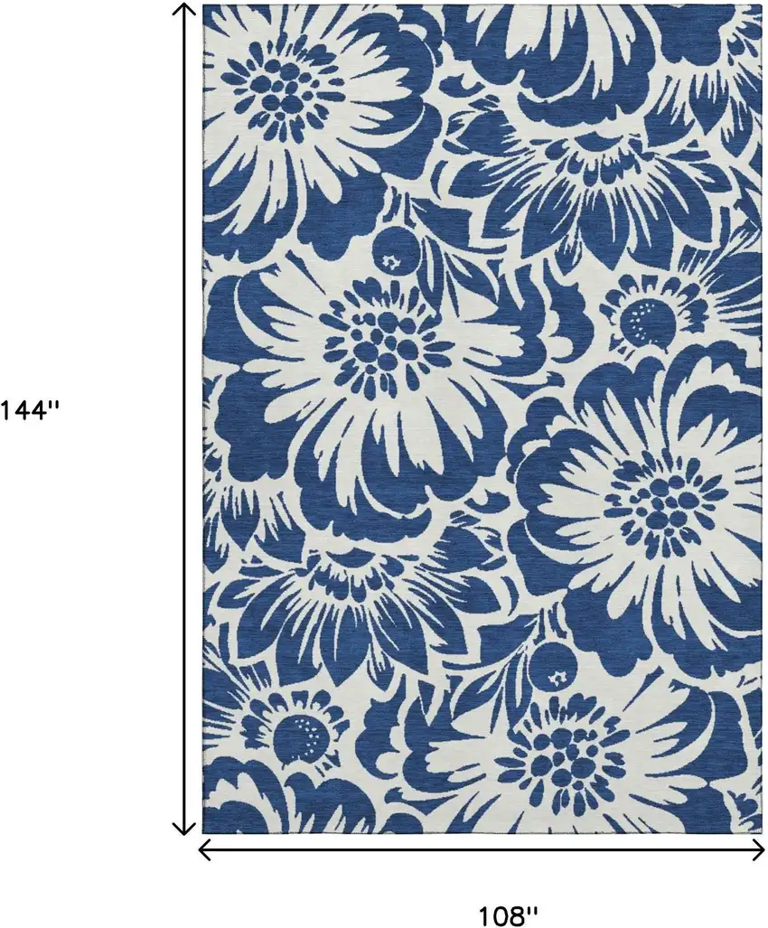 Navy Blue And Ivory Floral Washable Area Rug With UV Protection Photo 9