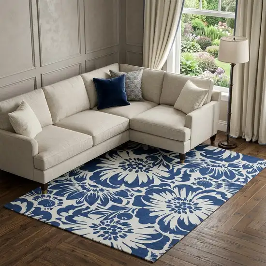 Navy Blue And Ivory Floral Washable Area Rug With UV Protection Photo 1