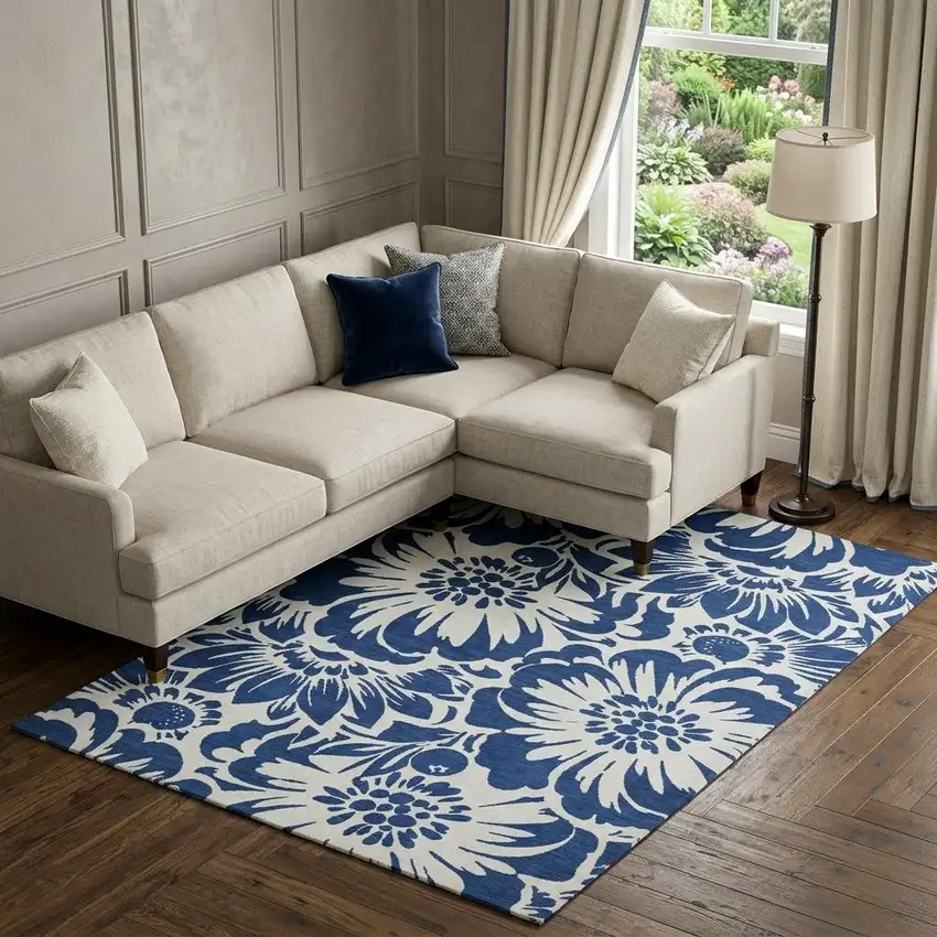 Navy Blue And Ivory Floral Washable Area Rug With UV Protection Photo 1