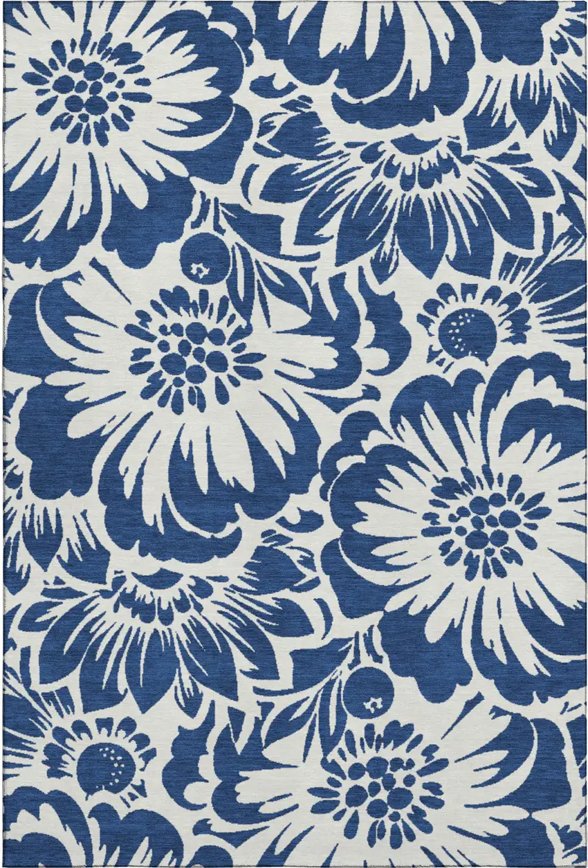 Navy Blue And Ivory Floral Washable Area Rug With UV Protection Photo 1