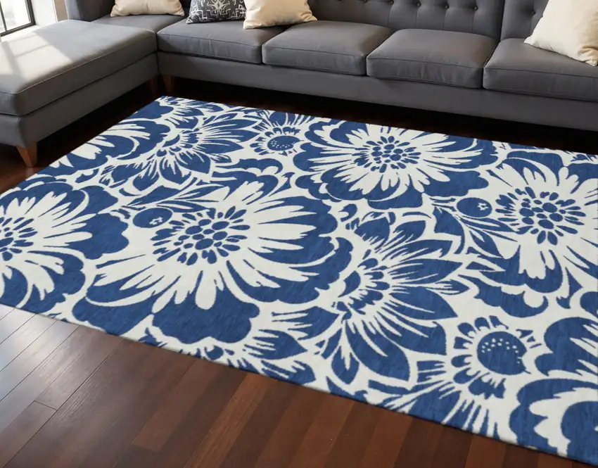 Navy Blue And Ivory Floral Washable Area Rug With UV Protection Photo 2