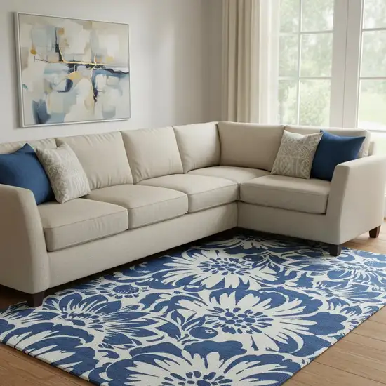 Navy Blue And Ivory Floral Washable Area Rug With UV Protection Photo 1