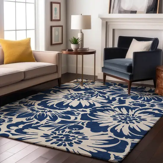 Navy Blue And Ivory Floral Washable Area Rug With UV Protection Photo 5