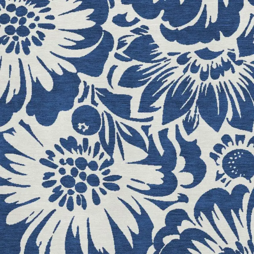 Navy Blue And Ivory Floral Washable Area Rug With UV Protection Photo 3