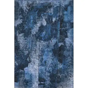 Photo of Navy Blue And Ivory Floral Washable Area Rug With UV Protection