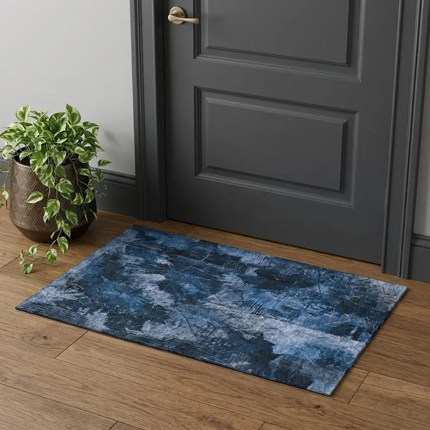 Navy Blue And Ivory Floral Washable Area Rug With UV Protection Photo 1