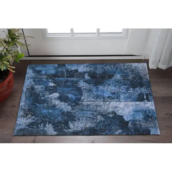 Navy Blue And Ivory Floral Washable Area Rug With UV Protection Photo 2