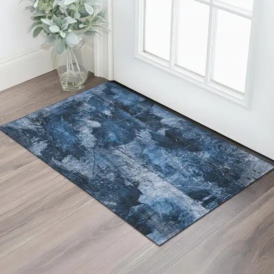 Navy Blue And Ivory Floral Washable Area Rug With UV Protection Photo 1