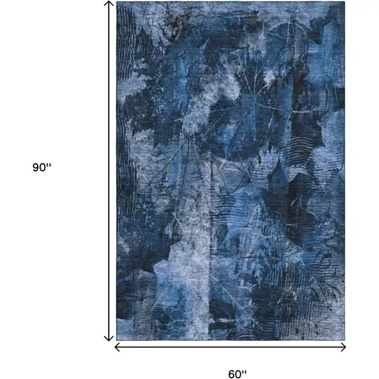 Navy Blue And Ivory Floral Washable Area Rug With UV Protection Photo 3