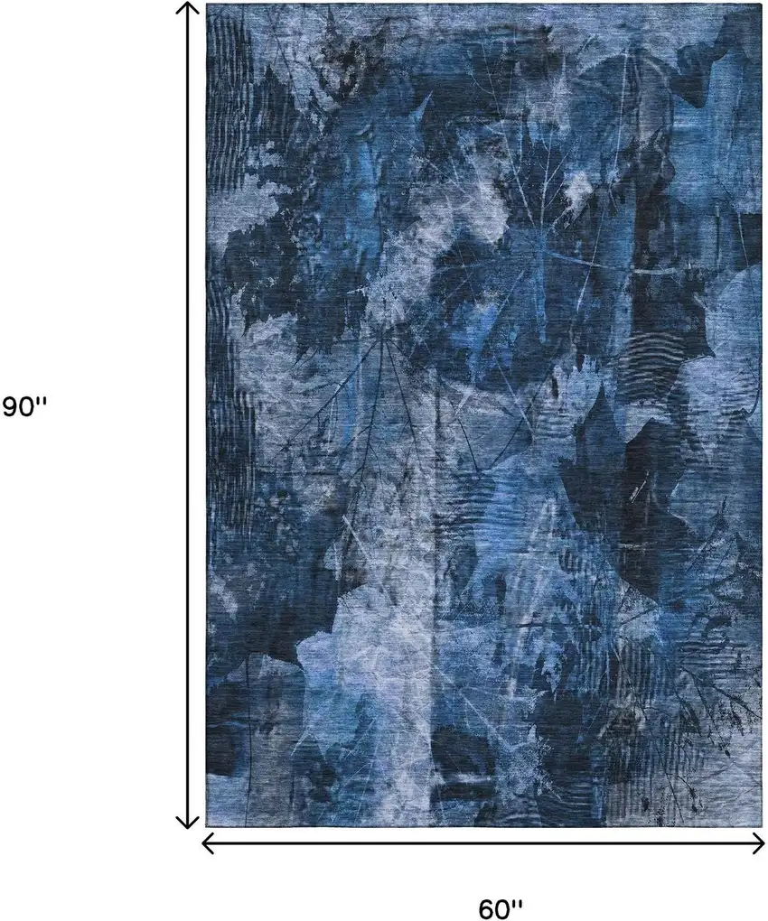 Navy Blue And Ivory Floral Washable Area Rug With UV Protection Photo 3