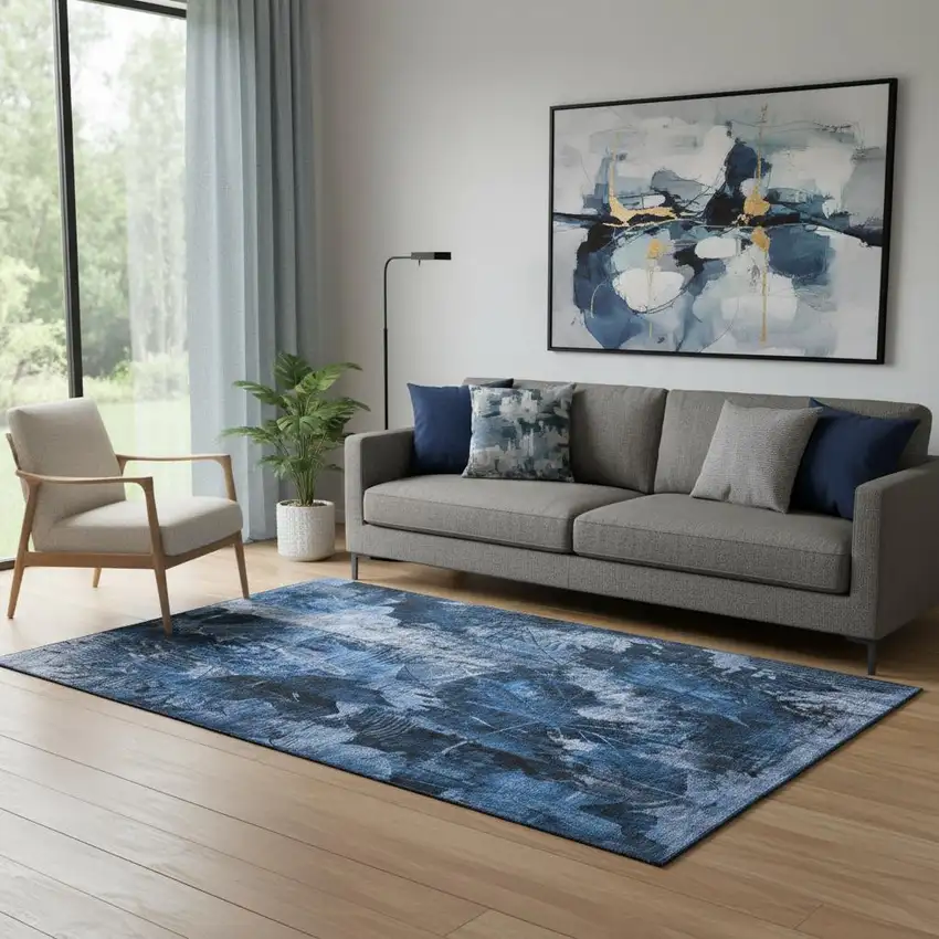 Navy Blue And Ivory Floral Washable Area Rug With UV Protection Photo 1