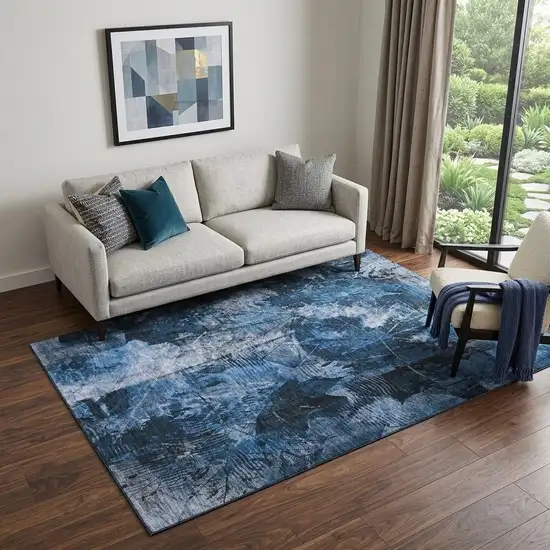 Navy Blue And Ivory Floral Washable Area Rug With UV Protection Photo 1