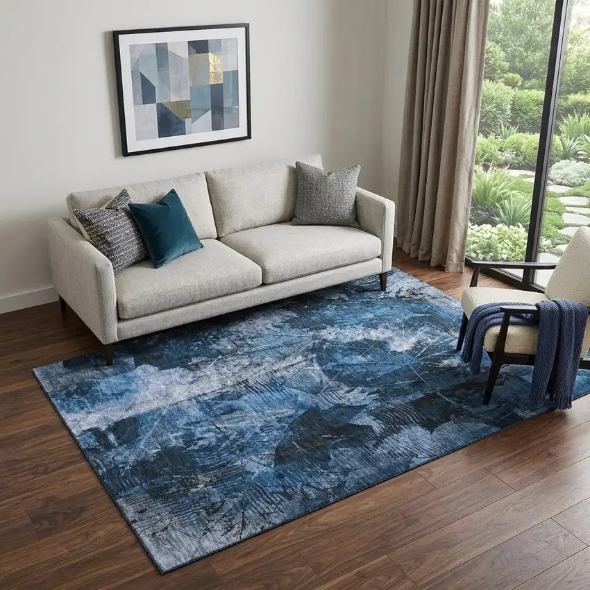 Navy Blue And Ivory Floral Washable Area Rug With UV Protection Photo 1