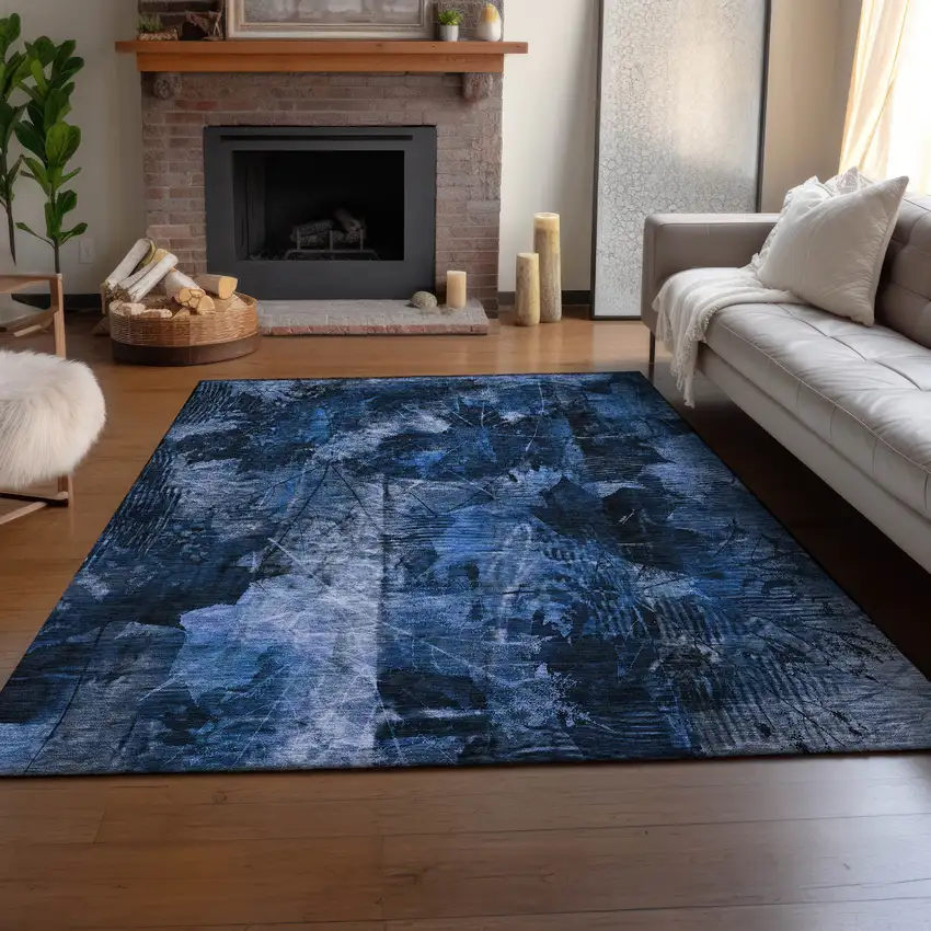 Navy Blue And Ivory Floral Washable Area Rug With UV Protection Photo 6