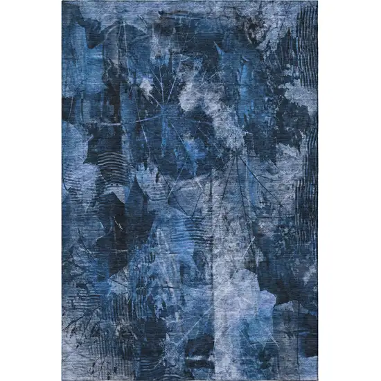 Navy Blue And Ivory Floral Washable Area Rug With UV Protection Photo 4