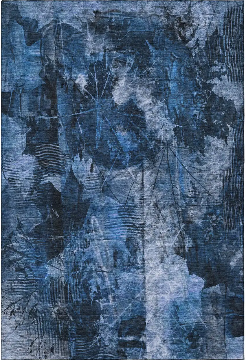 Navy Blue And Ivory Floral Washable Area Rug With UV Protection Photo 4