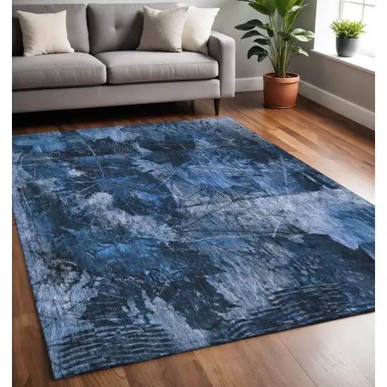 Navy Blue And Ivory Floral Washable Area Rug With UV Protection Photo 2